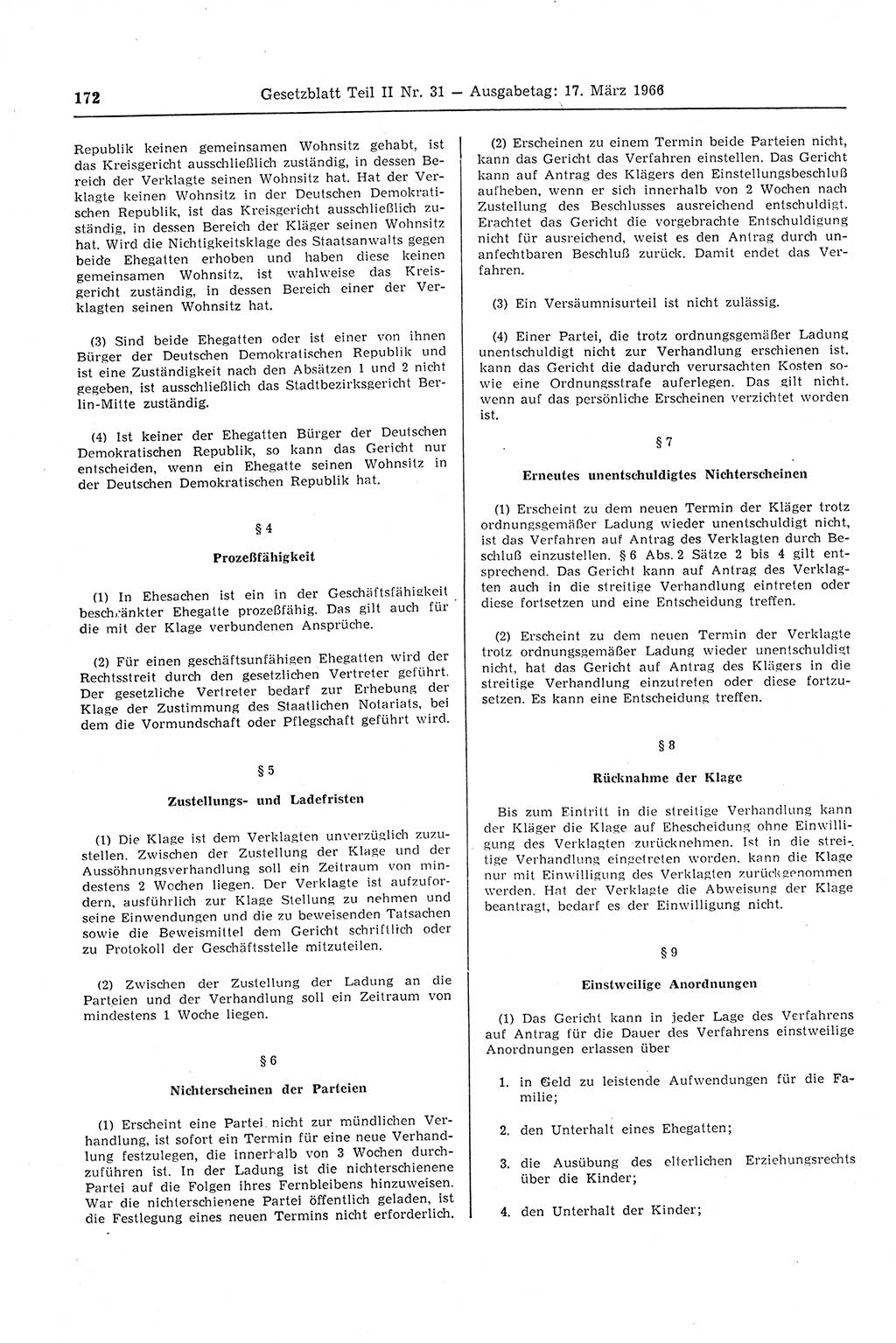 Gesetzblatt (GBl.) der Deutschen Demokratischen Republik (DDR) Teil ⅠⅠ 1966, Seite 172 (GBl. DDR ⅠⅠ 1966, S. 172)