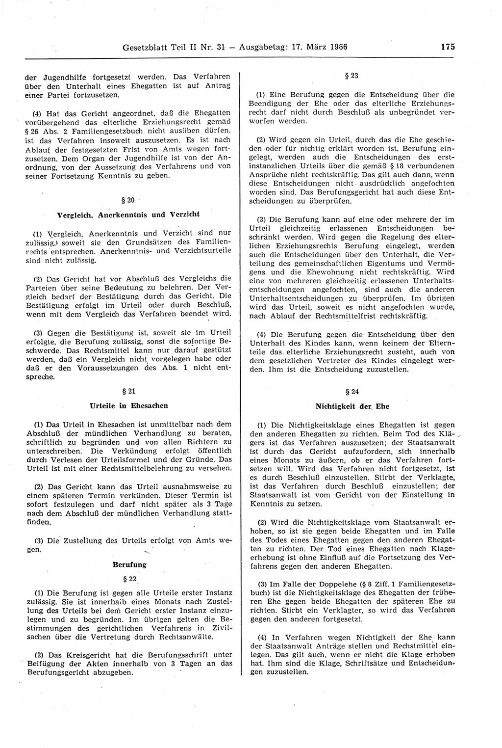 Gesetzblatt (GBl.) der Deutschen Demokratischen Republik (DDR) Teil ⅠⅠ 1966, Seite 175 (GBl. DDR ⅠⅠ 1966, S. 175)