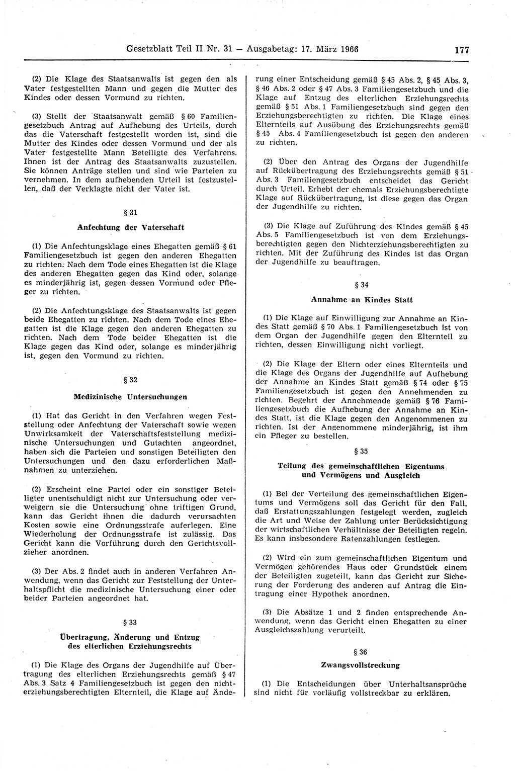 Gesetzblatt (GBl.) der Deutschen Demokratischen Republik (DDR) Teil ⅠⅠ 1966, Seite 177 (GBl. DDR ⅠⅠ 1966, S. 177)