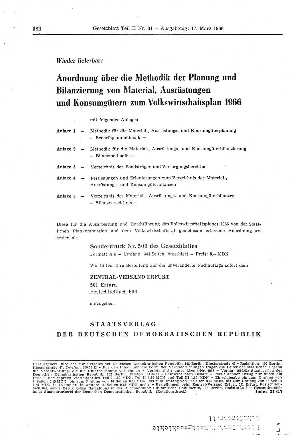 Gesetzblatt (GBl.) der Deutschen Demokratischen Republik (DDR) Teil ⅠⅠ 1966, Seite 182 (GBl. DDR ⅠⅠ 1966, S. 182)