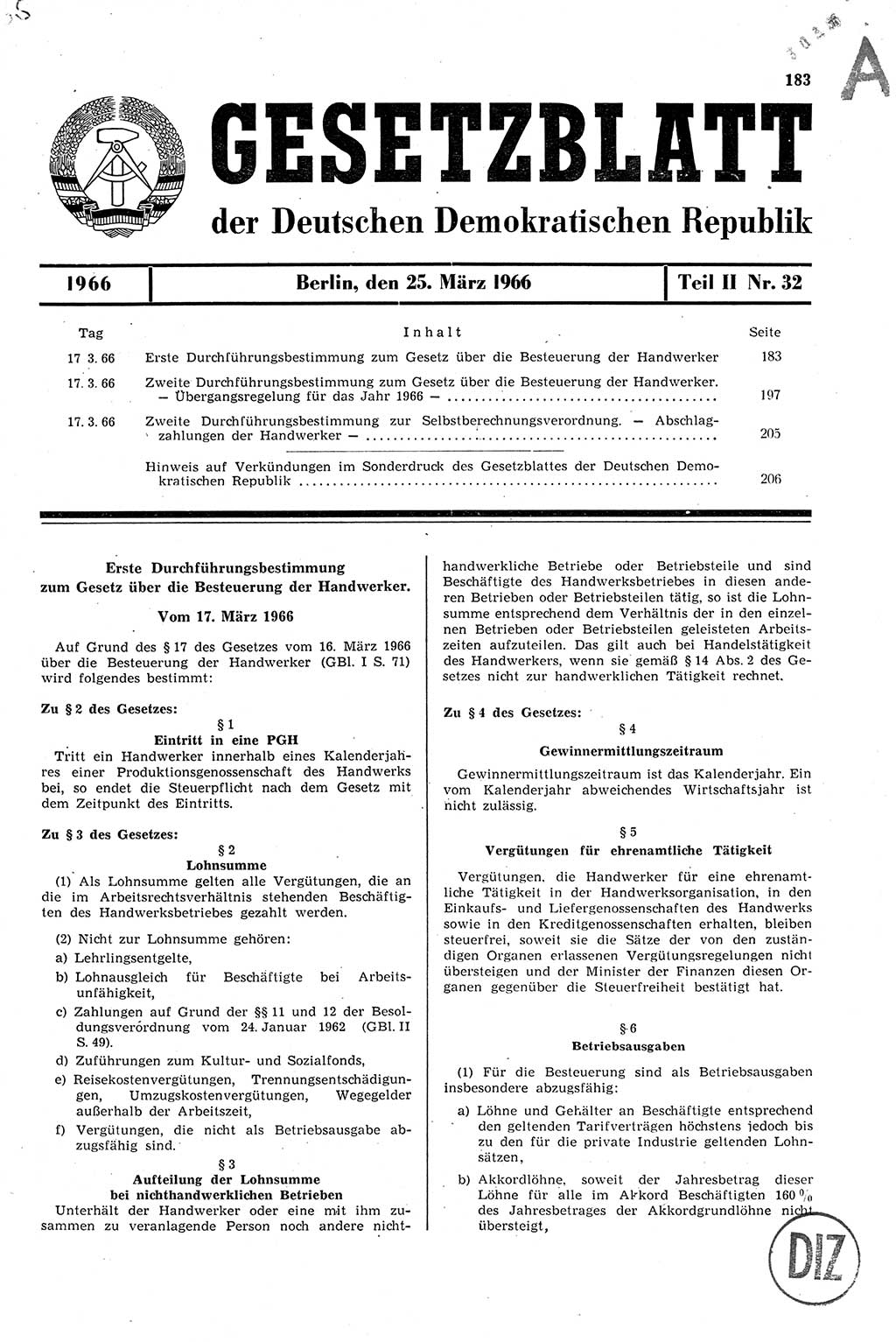 Gesetzblatt (GBl.) der Deutschen Demokratischen Republik (DDR) Teil ⅠⅠ 1966, Seite 183 (GBl. DDR ⅠⅠ 1966, S. 183)