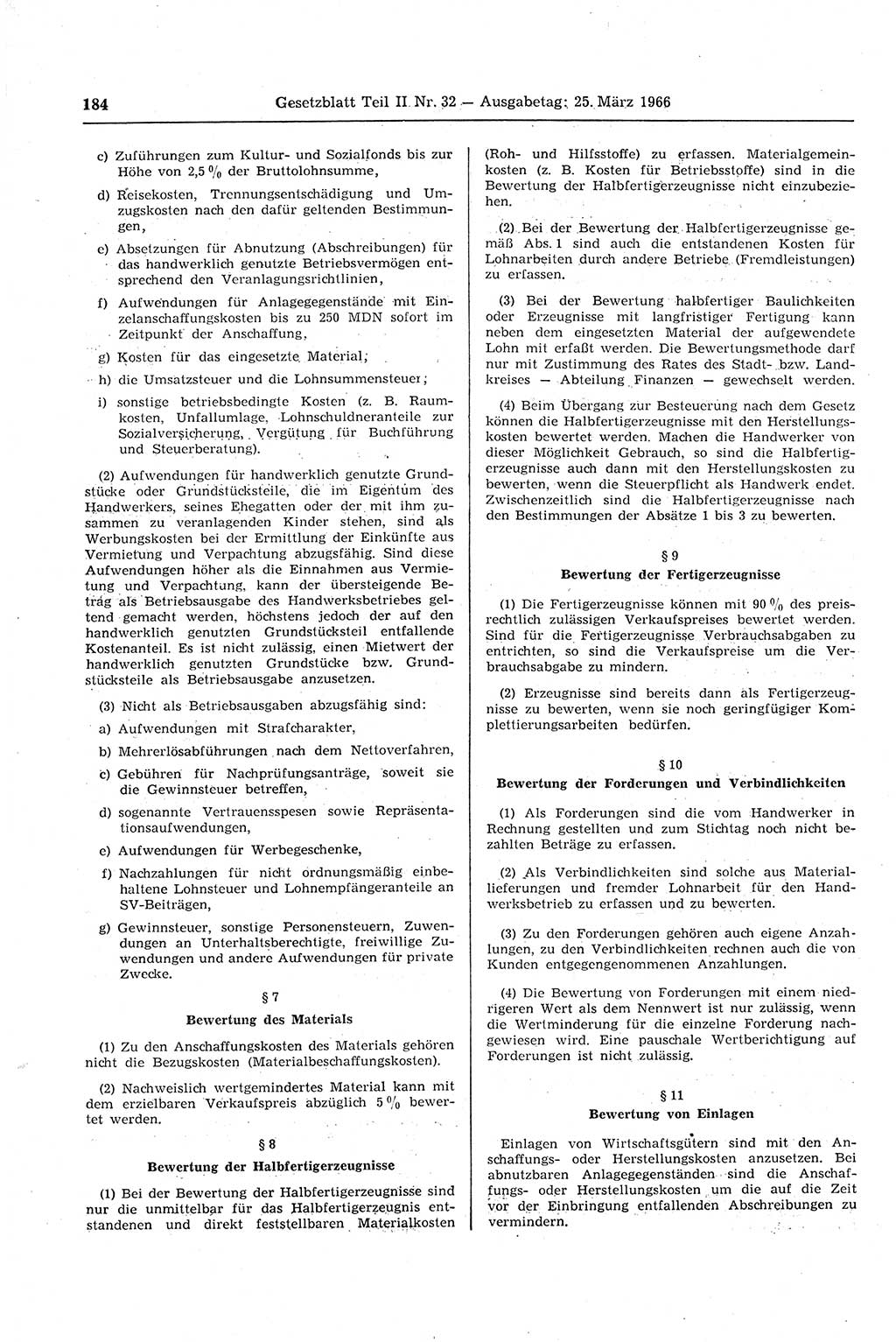 Gesetzblatt (GBl.) der Deutschen Demokratischen Republik (DDR) Teil ⅠⅠ 1966, Seite 184 (GBl. DDR ⅠⅠ 1966, S. 184)