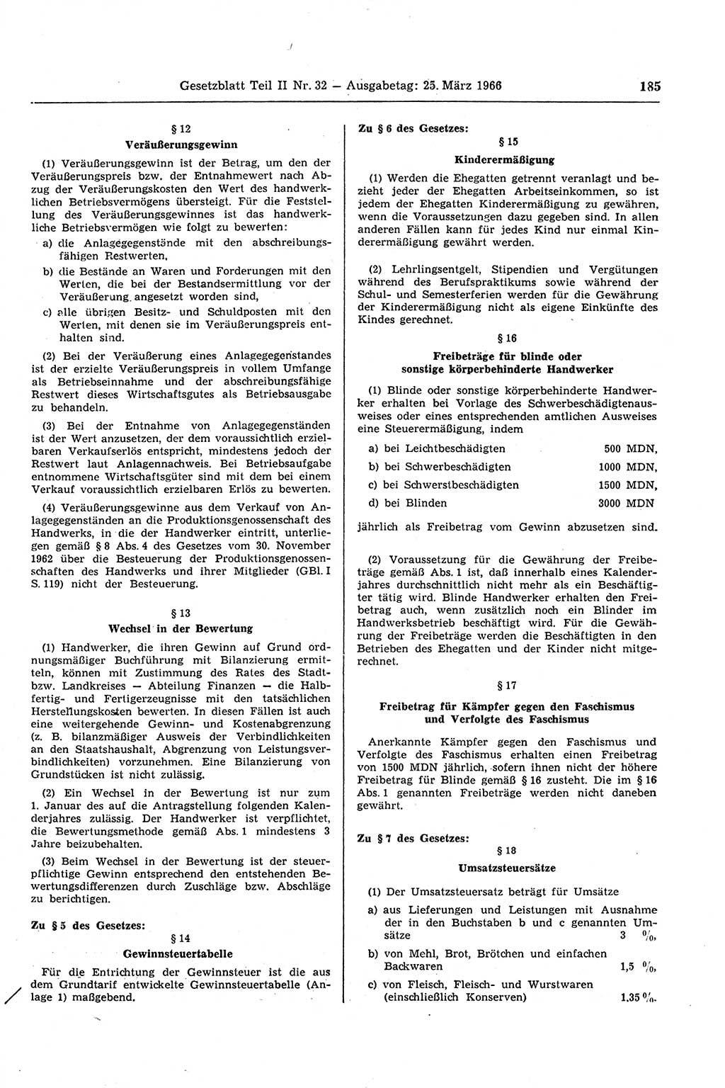 Gesetzblatt (GBl.) der Deutschen Demokratischen Republik (DDR) Teil ⅠⅠ 1966, Seite 185 (GBl. DDR ⅠⅠ 1966, S. 185)