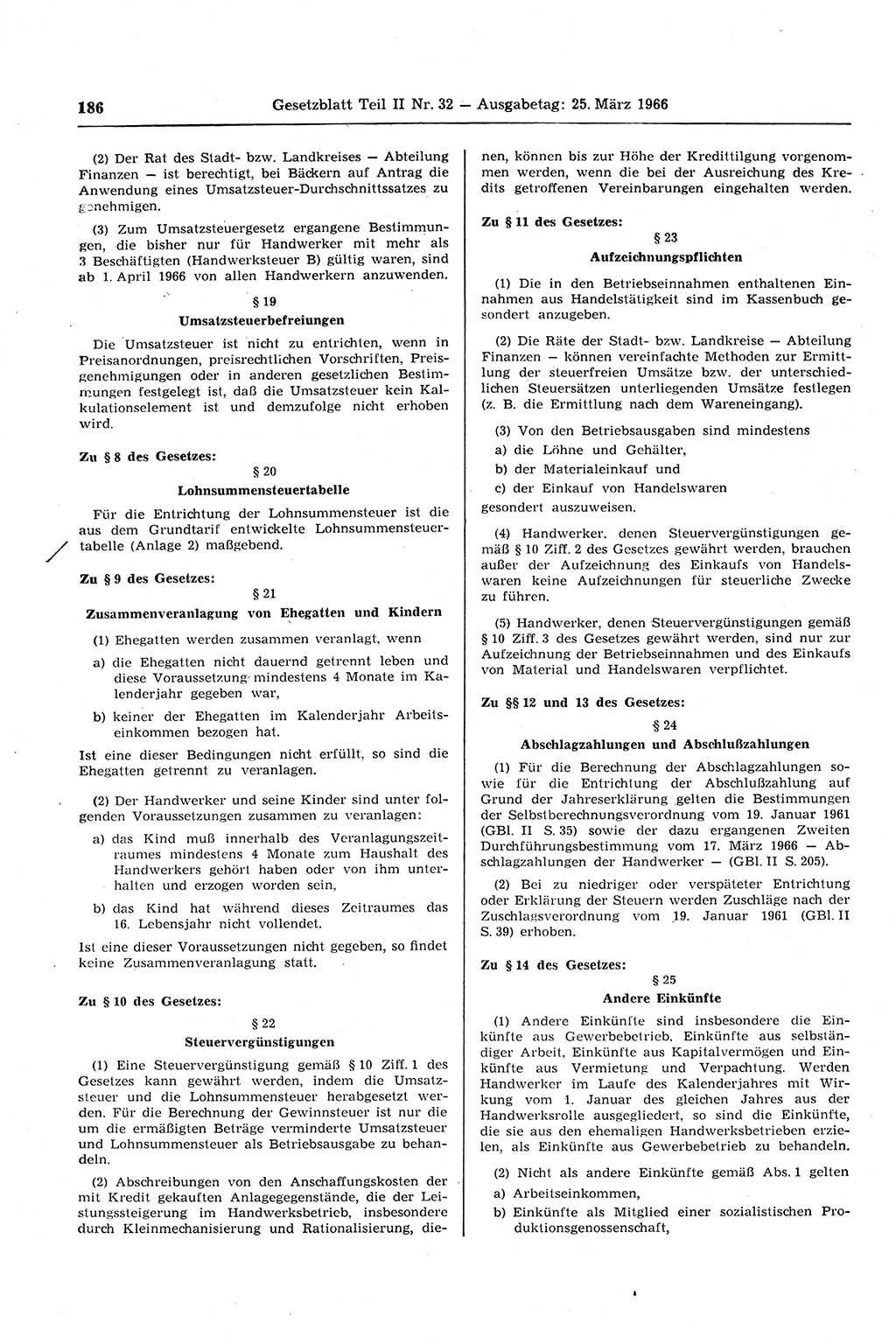 Gesetzblatt (GBl.) der Deutschen Demokratischen Republik (DDR) Teil ⅠⅠ 1966, Seite 186 (GBl. DDR ⅠⅠ 1966, S. 186)