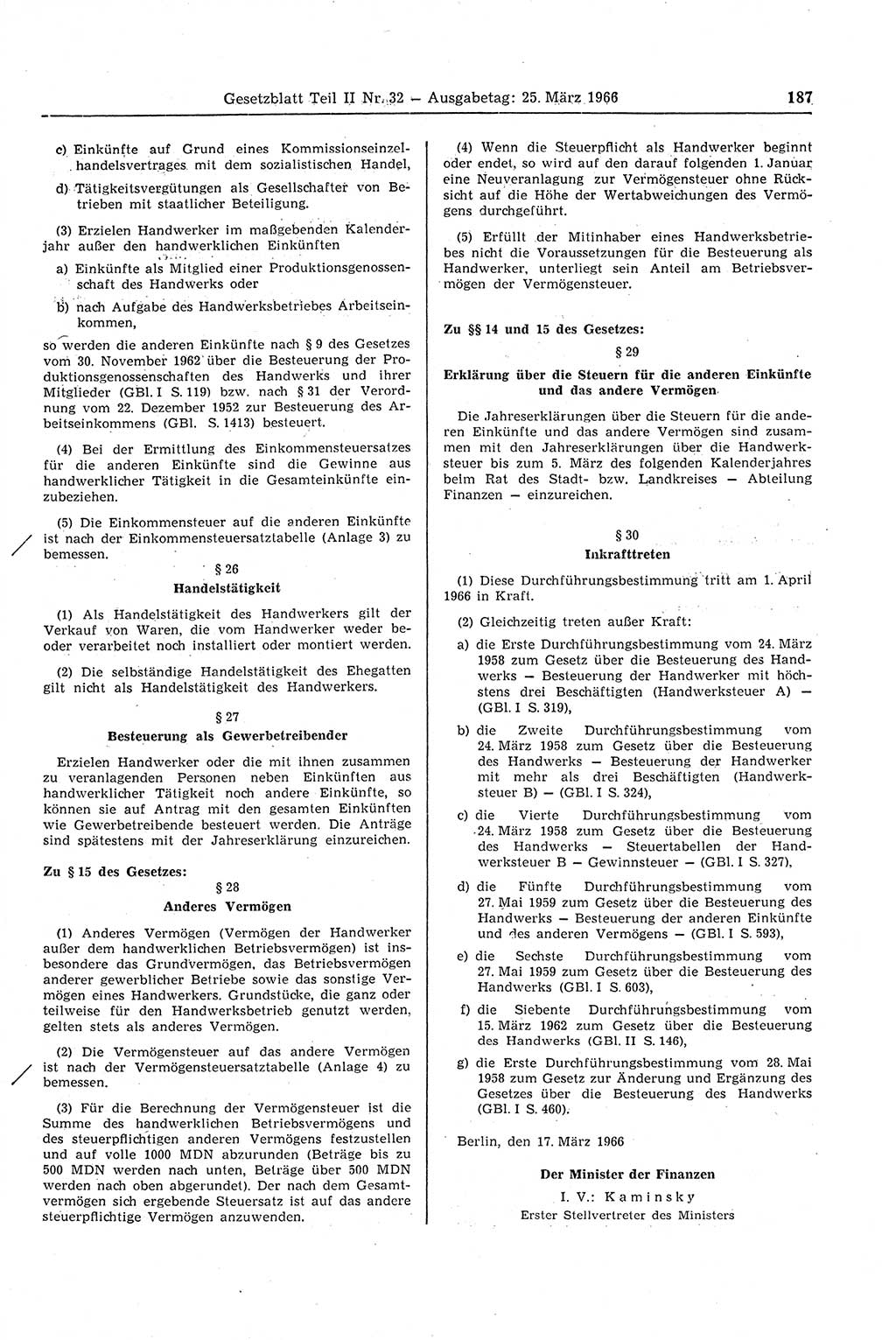 Gesetzblatt (GBl.) der Deutschen Demokratischen Republik (DDR) Teil ⅠⅠ 1966, Seite 187 (GBl. DDR ⅠⅠ 1966, S. 187)