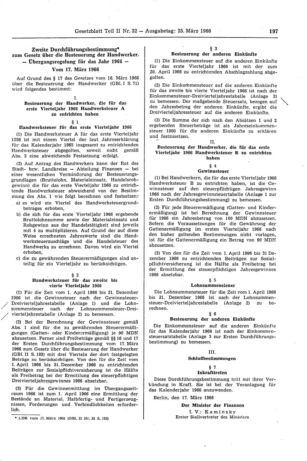 Gesetzblatt (GBl.) der Deutschen Demokratischen Republik (DDR) Teil ⅠⅠ 1966, Seite 197 (GBl. DDR ⅠⅠ 1966, S. 197)