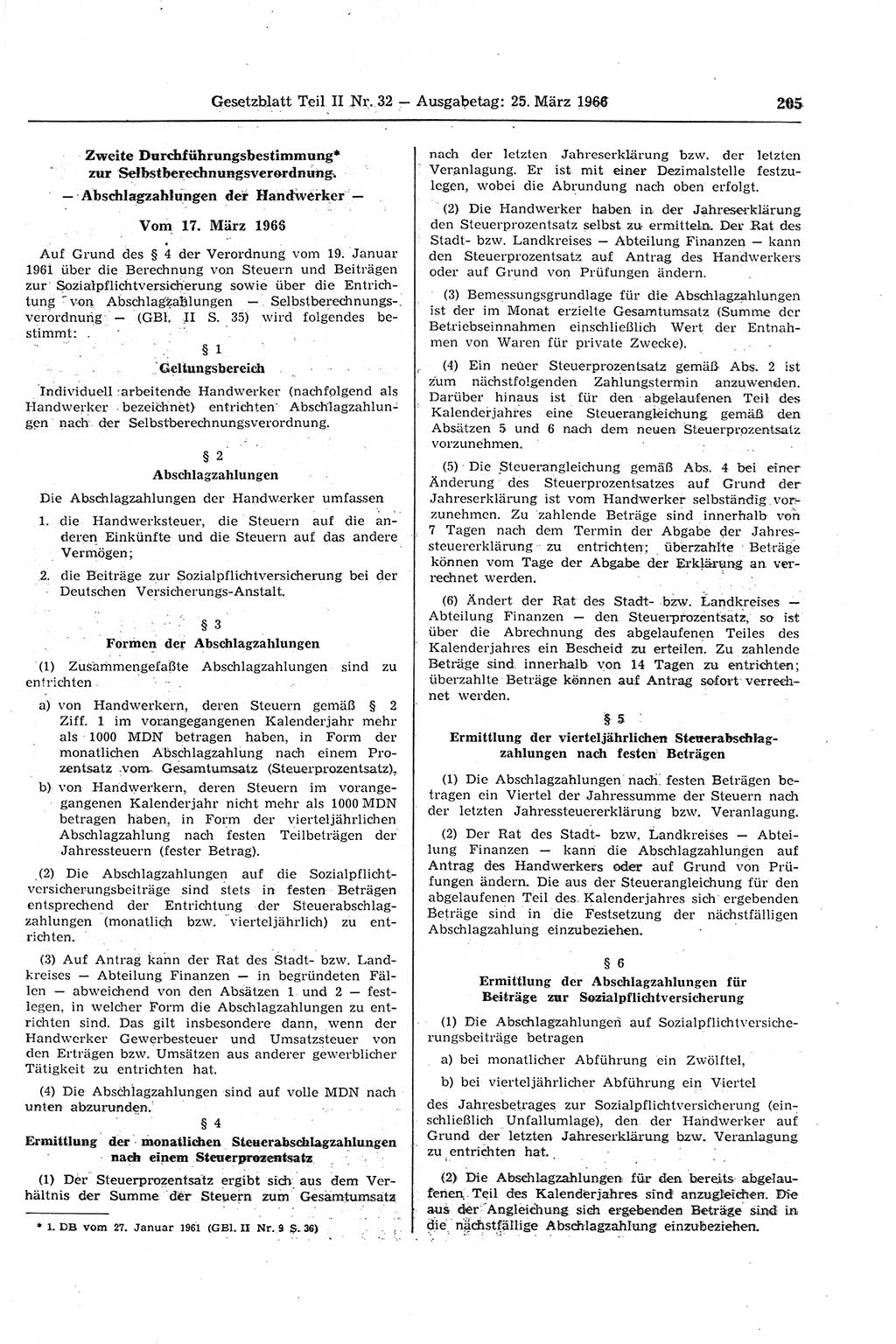 Gesetzblatt (GBl.) der Deutschen Demokratischen Republik (DDR) Teil ⅠⅠ 1966, Seite 205 (GBl. DDR ⅠⅠ 1966, S. 205)