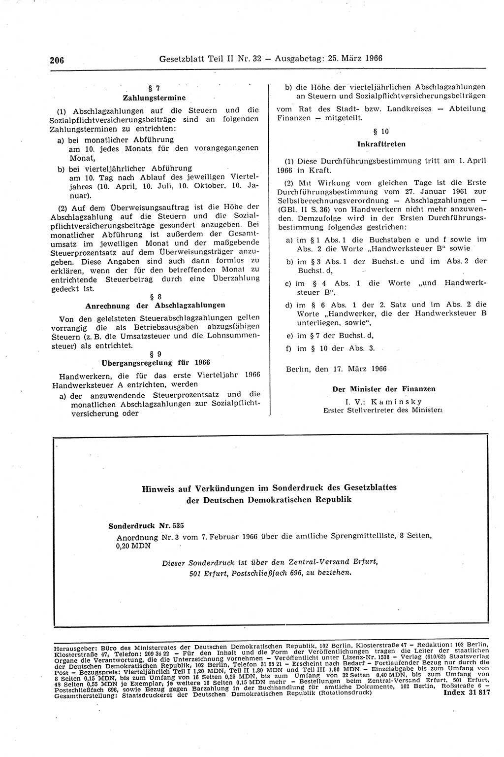 Gesetzblatt (GBl.) der Deutschen Demokratischen Republik (DDR) Teil ⅠⅠ 1966, Seite 206 (GBl. DDR ⅠⅠ 1966, S. 206)