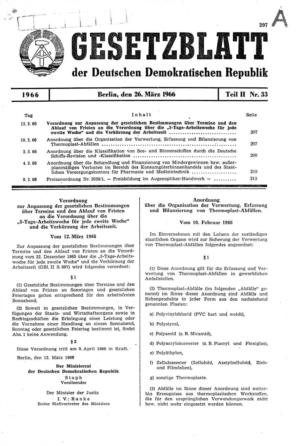 Gesetzblatt (GBl.) der Deutschen Demokratischen Republik (DDR) Teil ⅠⅠ 1966, Seite 207 (GBl. DDR ⅠⅠ 1966, S. 207)