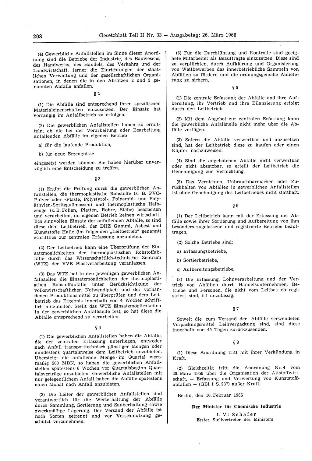 Gesetzblatt (GBl.) der Deutschen Demokratischen Republik (DDR) Teil ⅠⅠ 1966, Seite 208 (GBl. DDR ⅠⅠ 1966, S. 208)