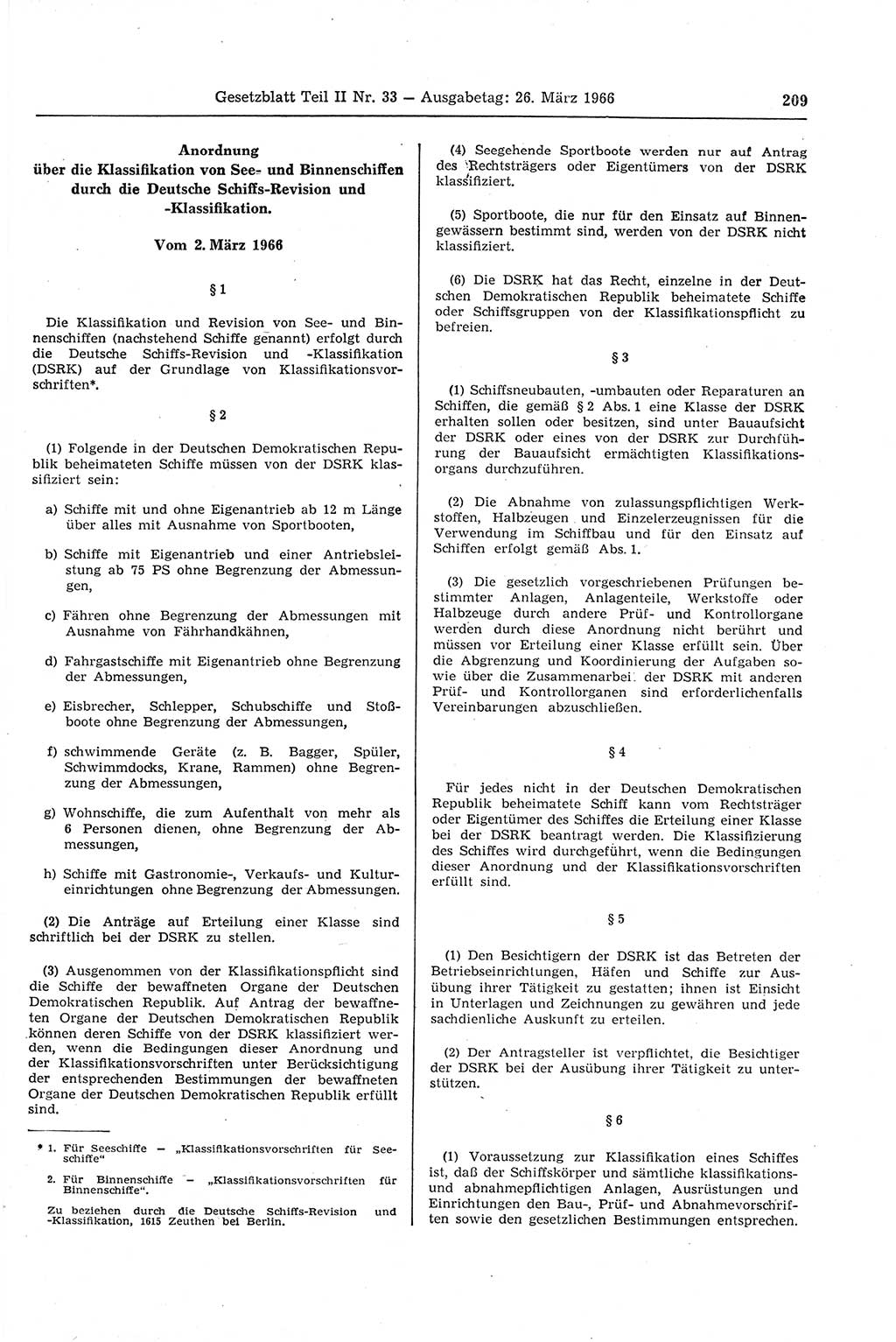 Gesetzblatt (GBl.) der Deutschen Demokratischen Republik (DDR) Teil ⅠⅠ 1966, Seite 209 (GBl. DDR ⅠⅠ 1966, S. 209)