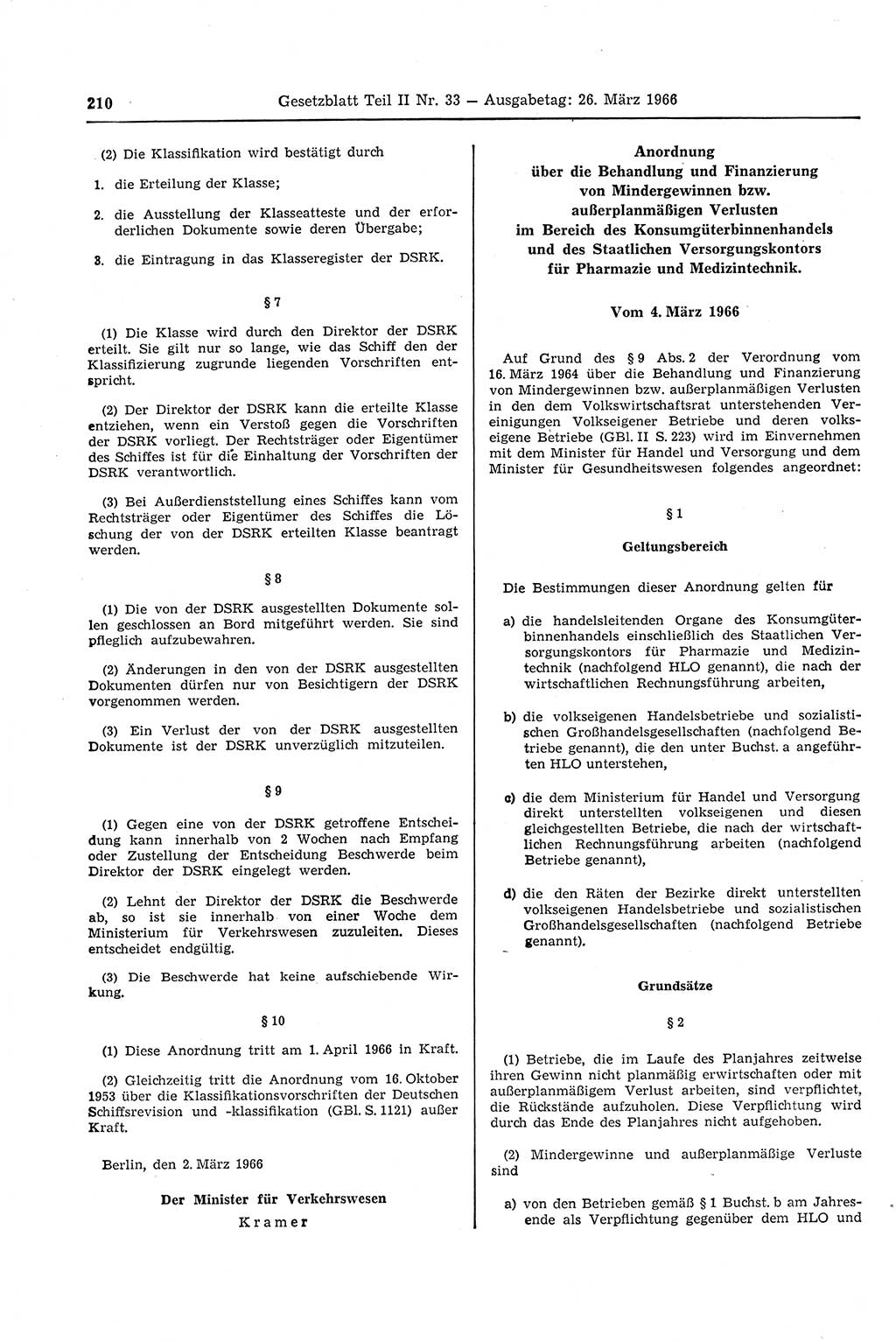 Gesetzblatt (GBl.) der Deutschen Demokratischen Republik (DDR) Teil ⅠⅠ 1966, Seite 210 (GBl. DDR ⅠⅠ 1966, S. 210)