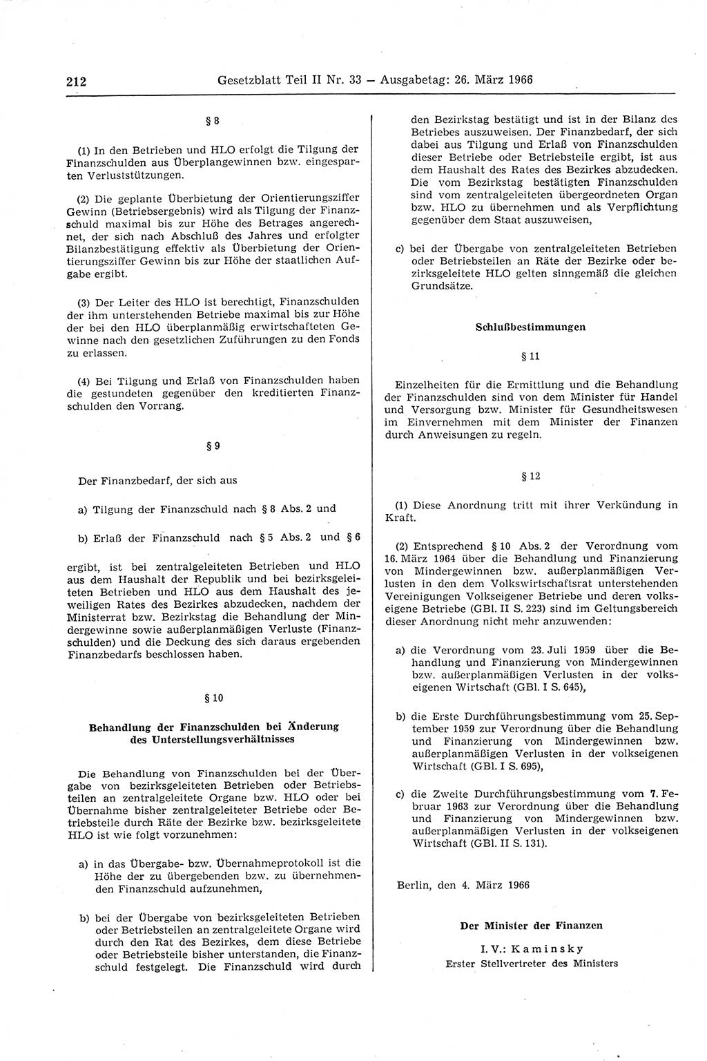 Gesetzblatt (GBl.) der Deutschen Demokratischen Republik (DDR) Teil ⅠⅠ 1966, Seite 212 (GBl. DDR ⅠⅠ 1966, S. 212)