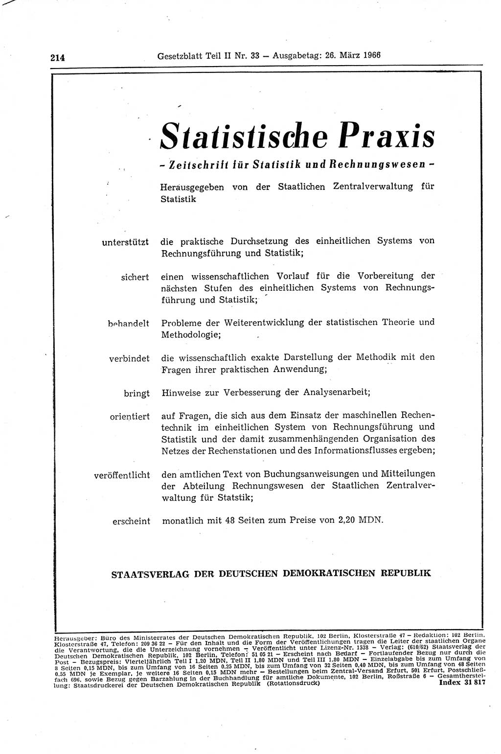 Gesetzblatt (GBl.) der Deutschen Demokratischen Republik (DDR) Teil ⅠⅠ 1966, Seite 214 (GBl. DDR ⅠⅠ 1966, S. 214)