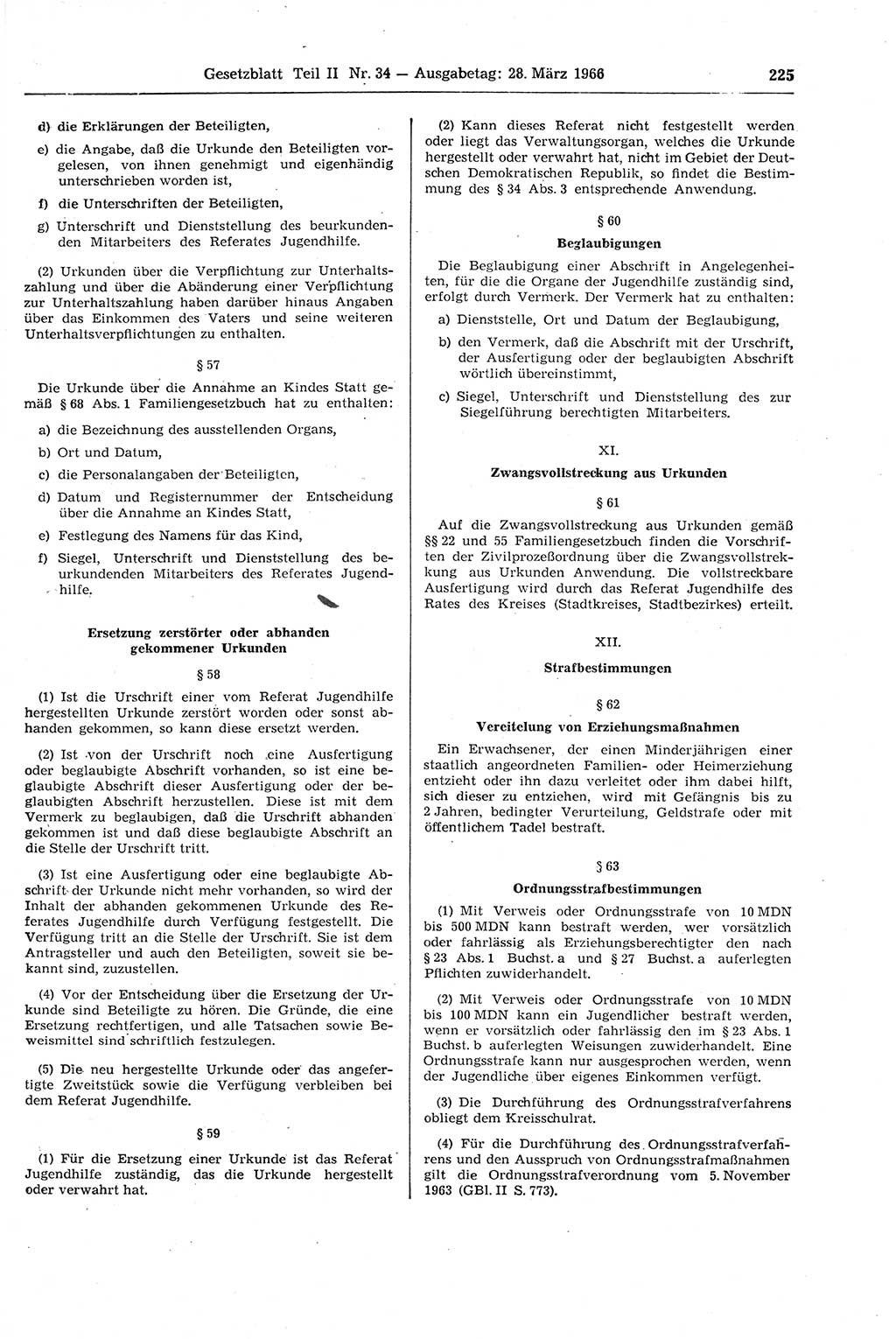 Gesetzblatt (GBl.) der Deutschen Demokratischen Republik (DDR) Teil ⅠⅠ 1966, Seite 225 (GBl. DDR ⅠⅠ 1966, S. 225)
