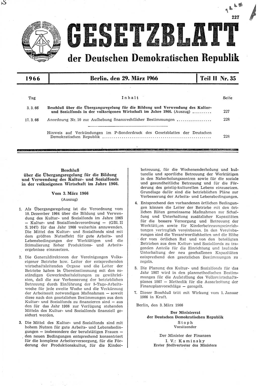 Gesetzblatt (GBl.) der Deutschen Demokratischen Republik (DDR) Teil ⅠⅠ 1966, Seite 227 (GBl. DDR ⅠⅠ 1966, S. 227)