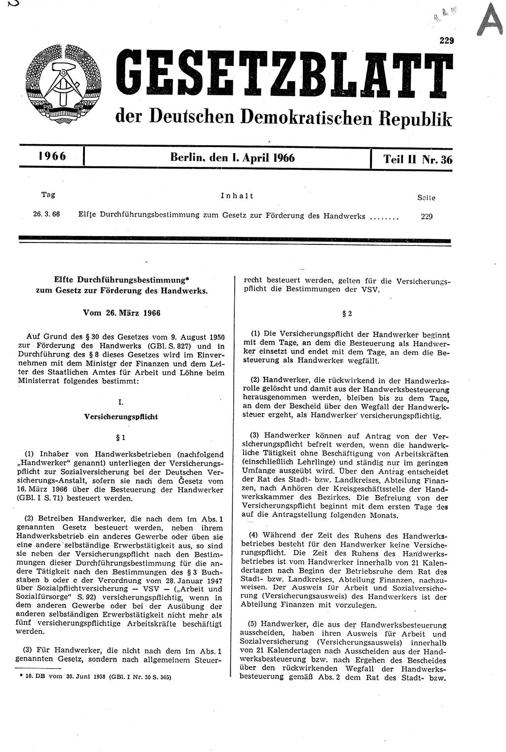 Gesetzblatt (GBl.) der Deutschen Demokratischen Republik (DDR) Teil ⅠⅠ 1966, Seite 229 (GBl. DDR ⅠⅠ 1966, S. 229)