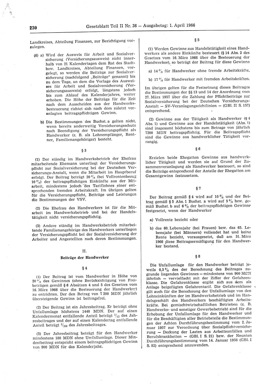 Gesetzblatt (GBl.) der Deutschen Demokratischen Republik (DDR) Teil ⅠⅠ 1966, Seite 230 (GBl. DDR ⅠⅠ 1966, S. 230)