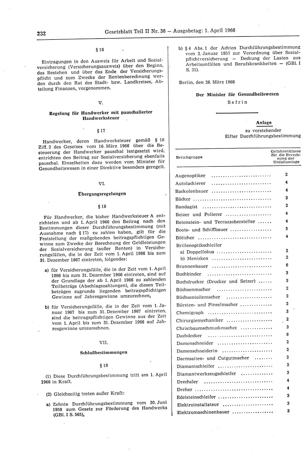 Gesetzblatt (GBl.) der Deutschen Demokratischen Republik (DDR) Teil ⅠⅠ 1966, Seite 232 (GBl. DDR ⅠⅠ 1966, S. 232)