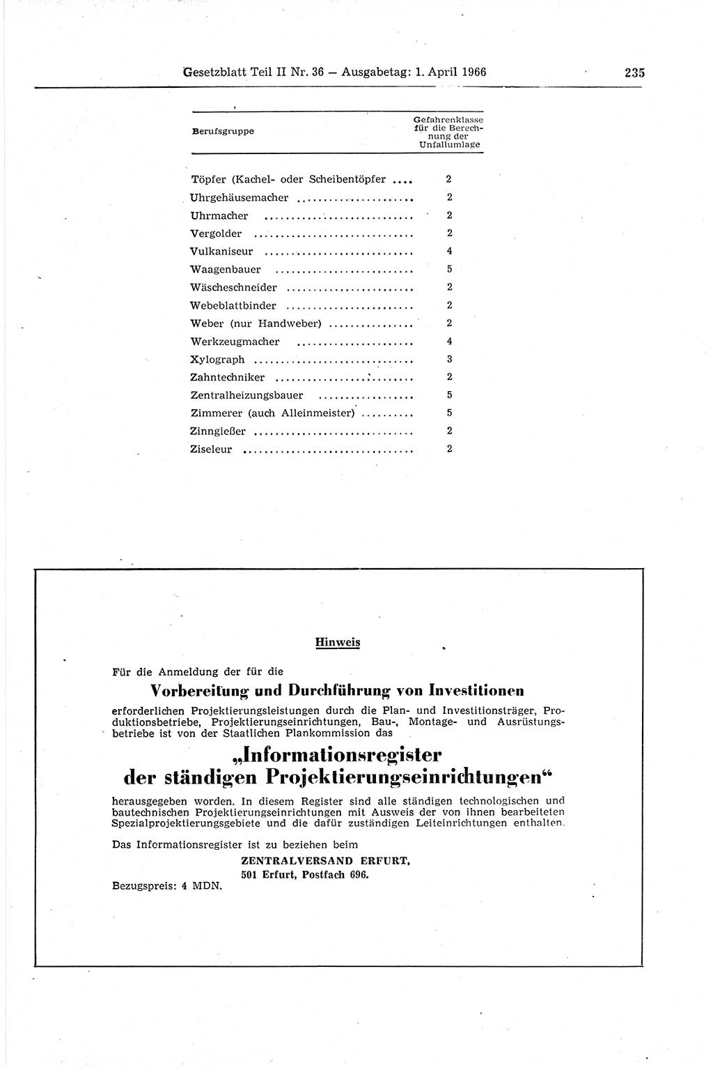 Gesetzblatt (GBl.) der Deutschen Demokratischen Republik (DDR) Teil ⅠⅠ 1966, Seite 235 (GBl. DDR ⅠⅠ 1966, S. 235)