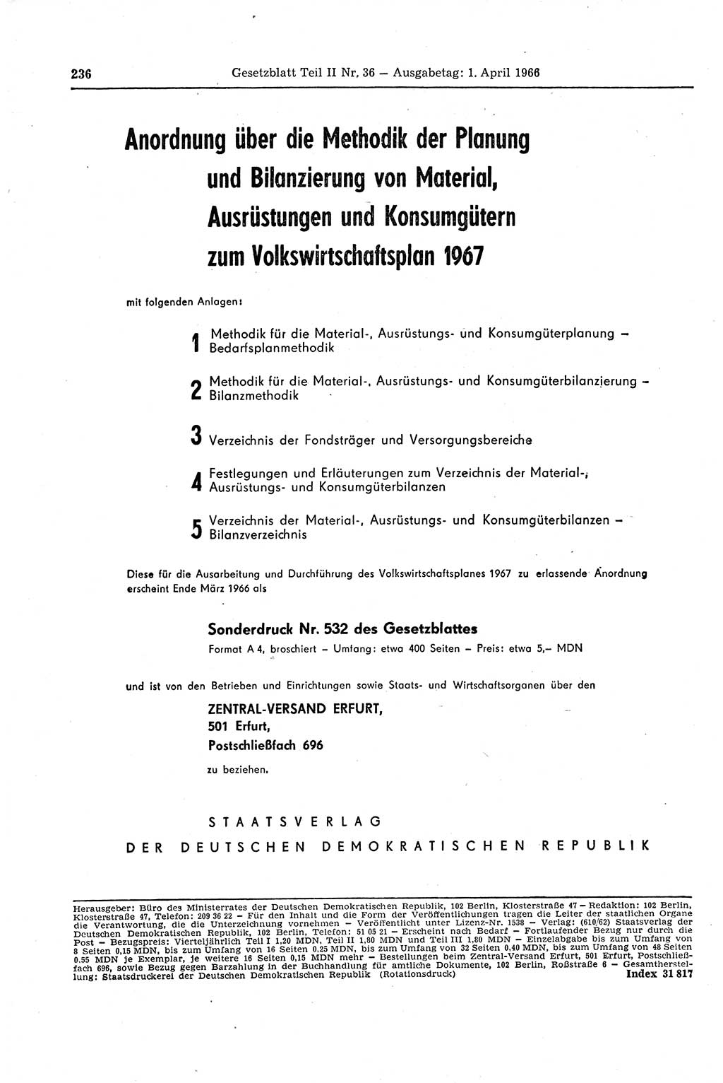 Gesetzblatt (GBl.) der Deutschen Demokratischen Republik (DDR) Teil ⅠⅠ 1966, Seite 236 (GBl. DDR ⅠⅠ 1966, S. 236)