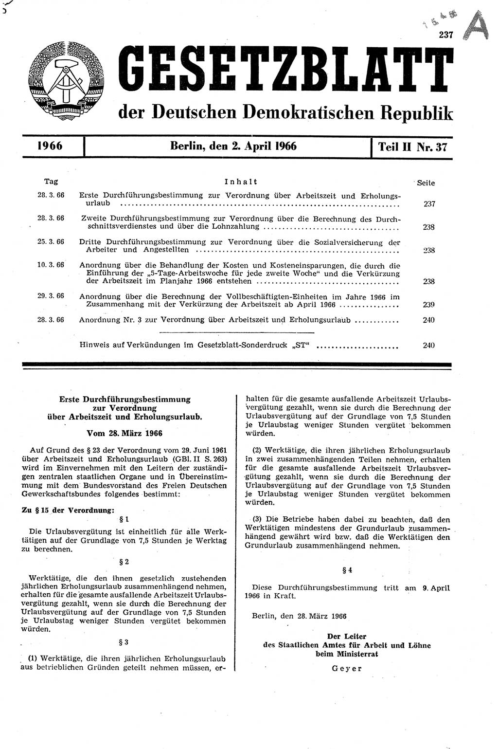 Gesetzblatt (GBl.) der Deutschen Demokratischen Republik (DDR) Teil ⅠⅠ 1966, Seite 237 (GBl. DDR ⅠⅠ 1966, S. 237)