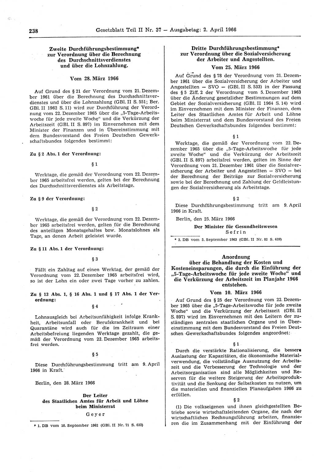 Gesetzblatt (GBl.) der Deutschen Demokratischen Republik (DDR) Teil ⅠⅠ 1966, Seite 238 (GBl. DDR ⅠⅠ 1966, S. 238)