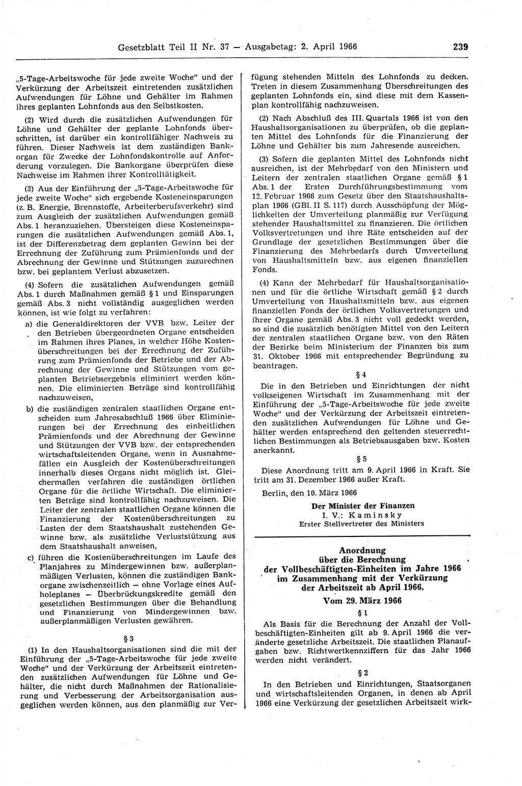 Gesetzblatt (GBl.) der Deutschen Demokratischen Republik (DDR) Teil ⅠⅠ 1966, Seite 239 (GBl. DDR ⅠⅠ 1966, S. 239)