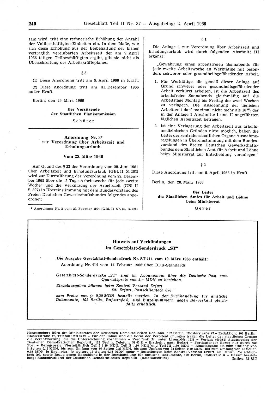 Gesetzblatt (GBl.) der Deutschen Demokratischen Republik (DDR) Teil ⅠⅠ 1966, Seite 240 (GBl. DDR ⅠⅠ 1966, S. 240)