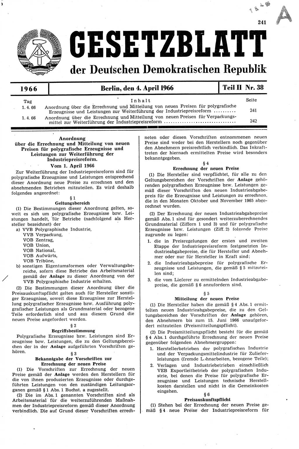 Gesetzblatt (GBl.) der Deutschen Demokratischen Republik (DDR) Teil ⅠⅠ 1966, Seite 241 (GBl. DDR ⅠⅠ 1966, S. 241)