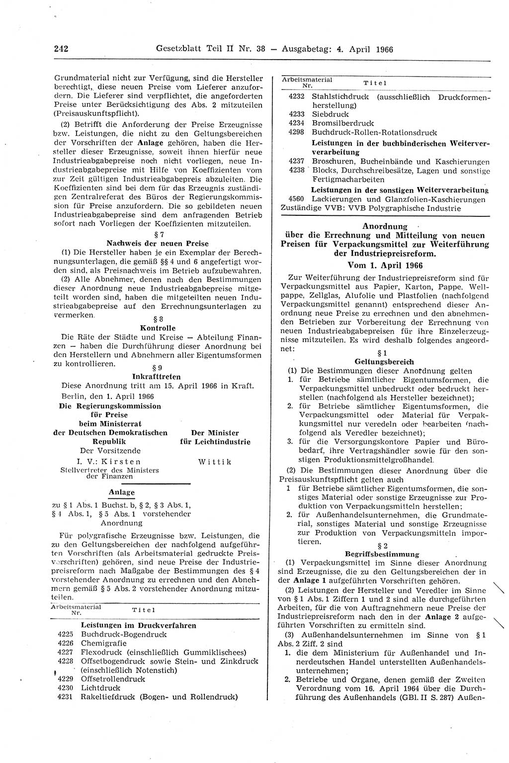 Gesetzblatt (GBl.) der Deutschen Demokratischen Republik (DDR) Teil ⅠⅠ 1966, Seite 242 (GBl. DDR ⅠⅠ 1966, S. 242)