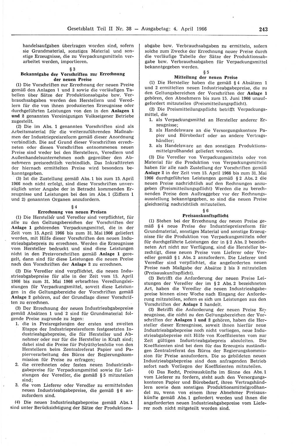 Gesetzblatt (GBl.) der Deutschen Demokratischen Republik (DDR) Teil ⅠⅠ 1966, Seite 243 (GBl. DDR ⅠⅠ 1966, S. 243)