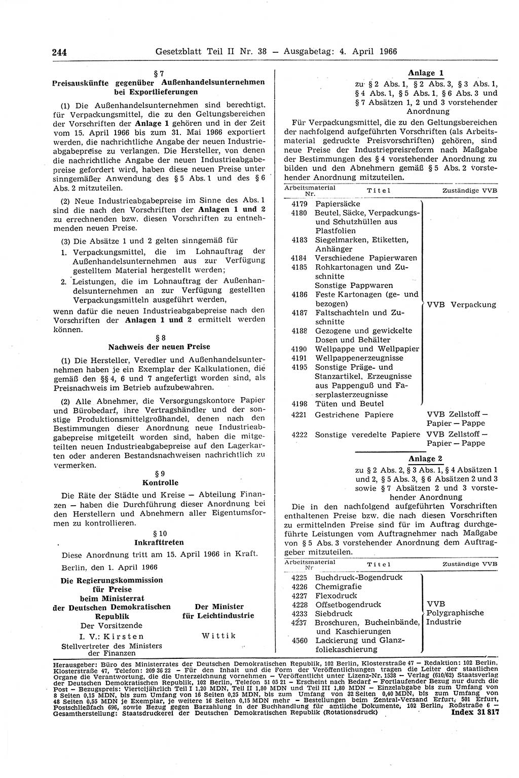 Gesetzblatt (GBl.) der Deutschen Demokratischen Republik (DDR) Teil ⅠⅠ 1966, Seite 244 (GBl. DDR ⅠⅠ 1966, S. 244)