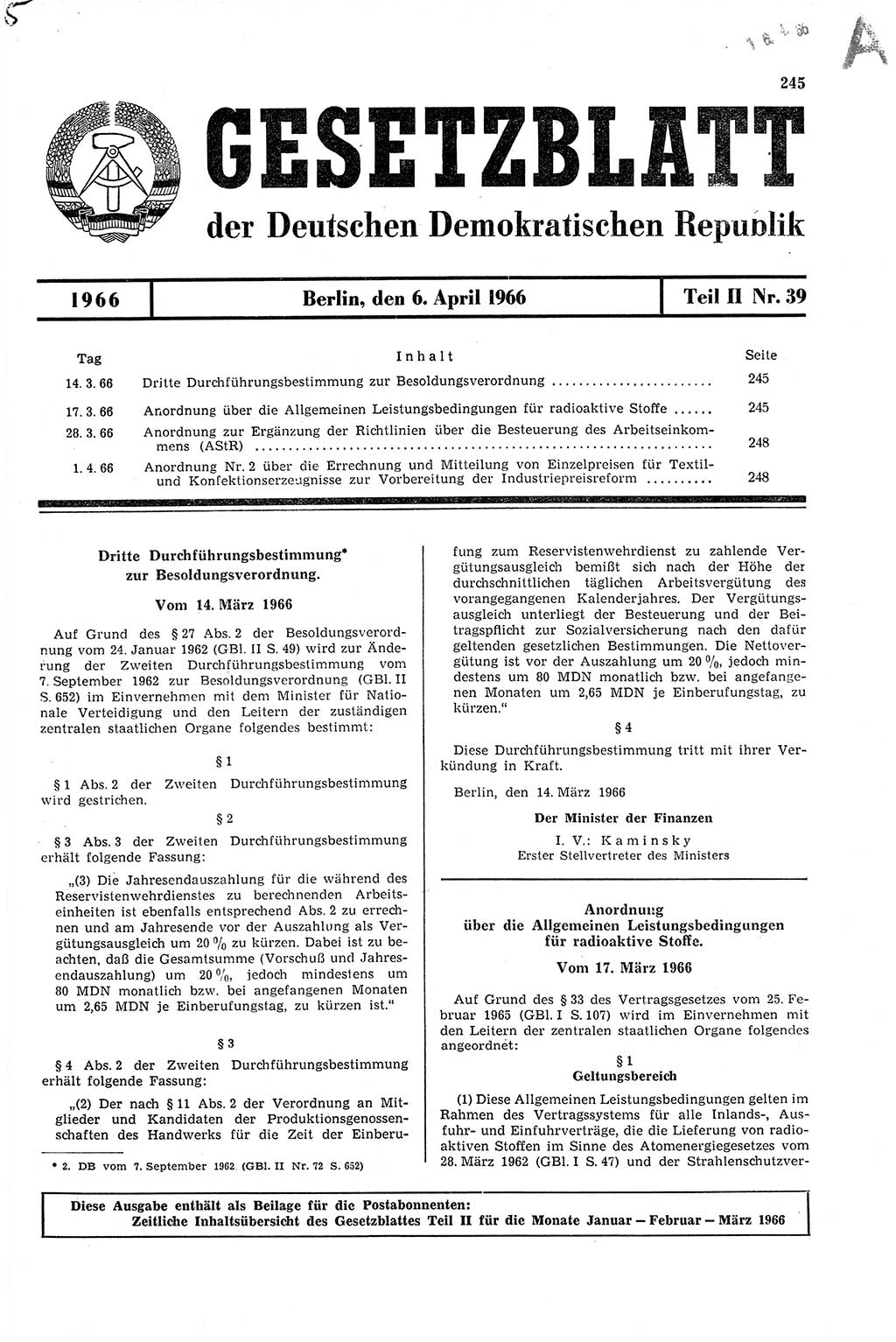 Gesetzblatt (GBl.) der Deutschen Demokratischen Republik (DDR) Teil ⅠⅠ 1966, Seite 245 (GBl. DDR ⅠⅠ 1966, S. 245)