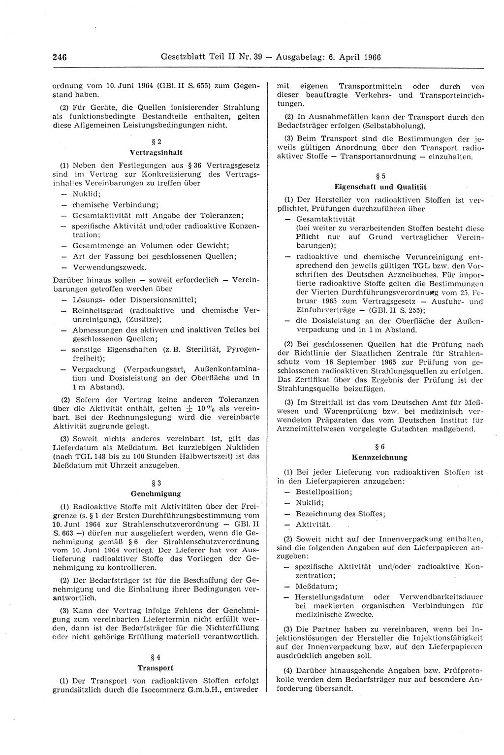 Gesetzblatt (GBl.) der Deutschen Demokratischen Republik (DDR) Teil ⅠⅠ 1966, Seite 246 (GBl. DDR ⅠⅠ 1966, S. 246)