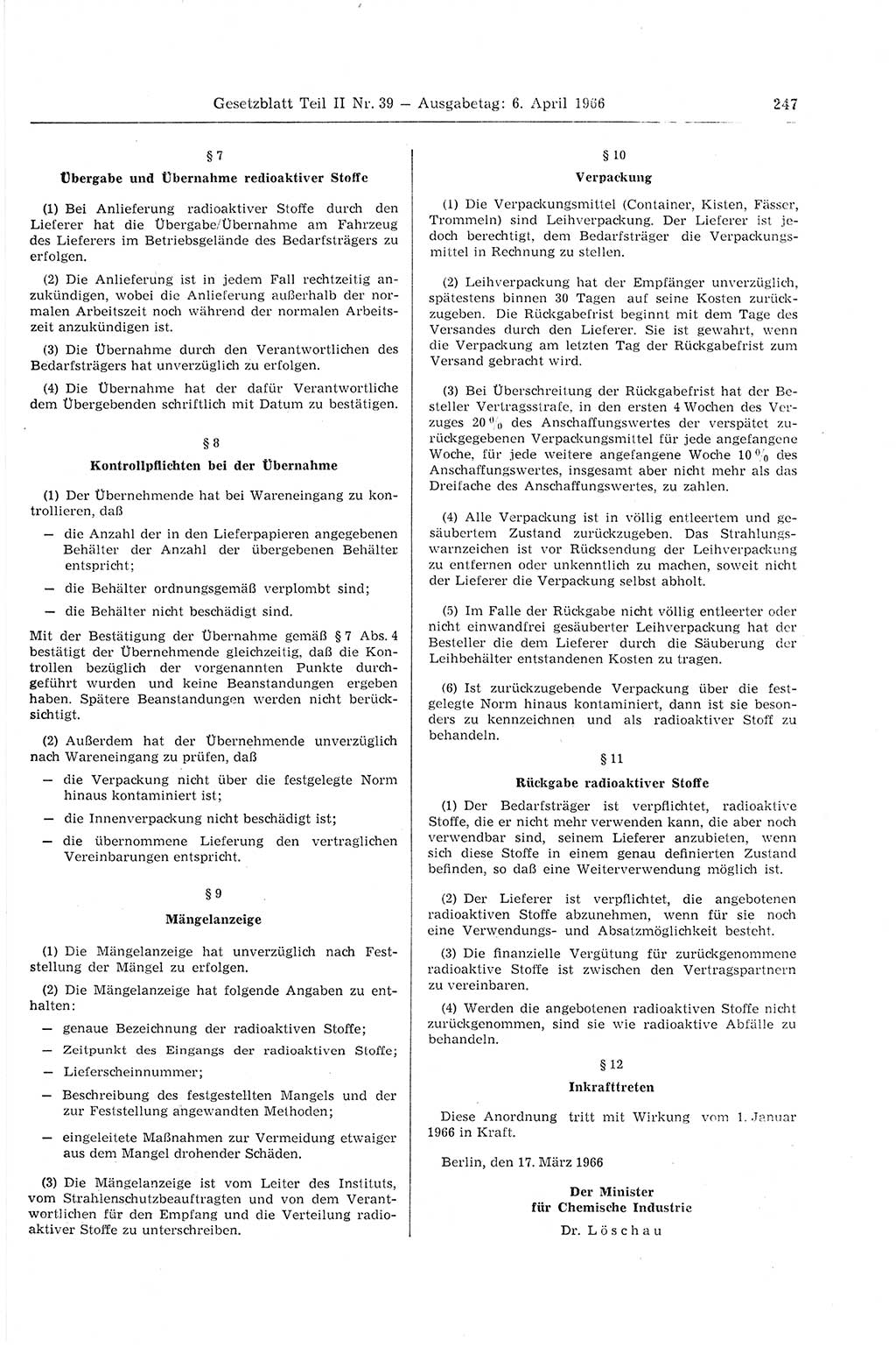 Gesetzblatt (GBl.) der Deutschen Demokratischen Republik (DDR) Teil ⅠⅠ 1966, Seite 247 (GBl. DDR ⅠⅠ 1966, S. 247)