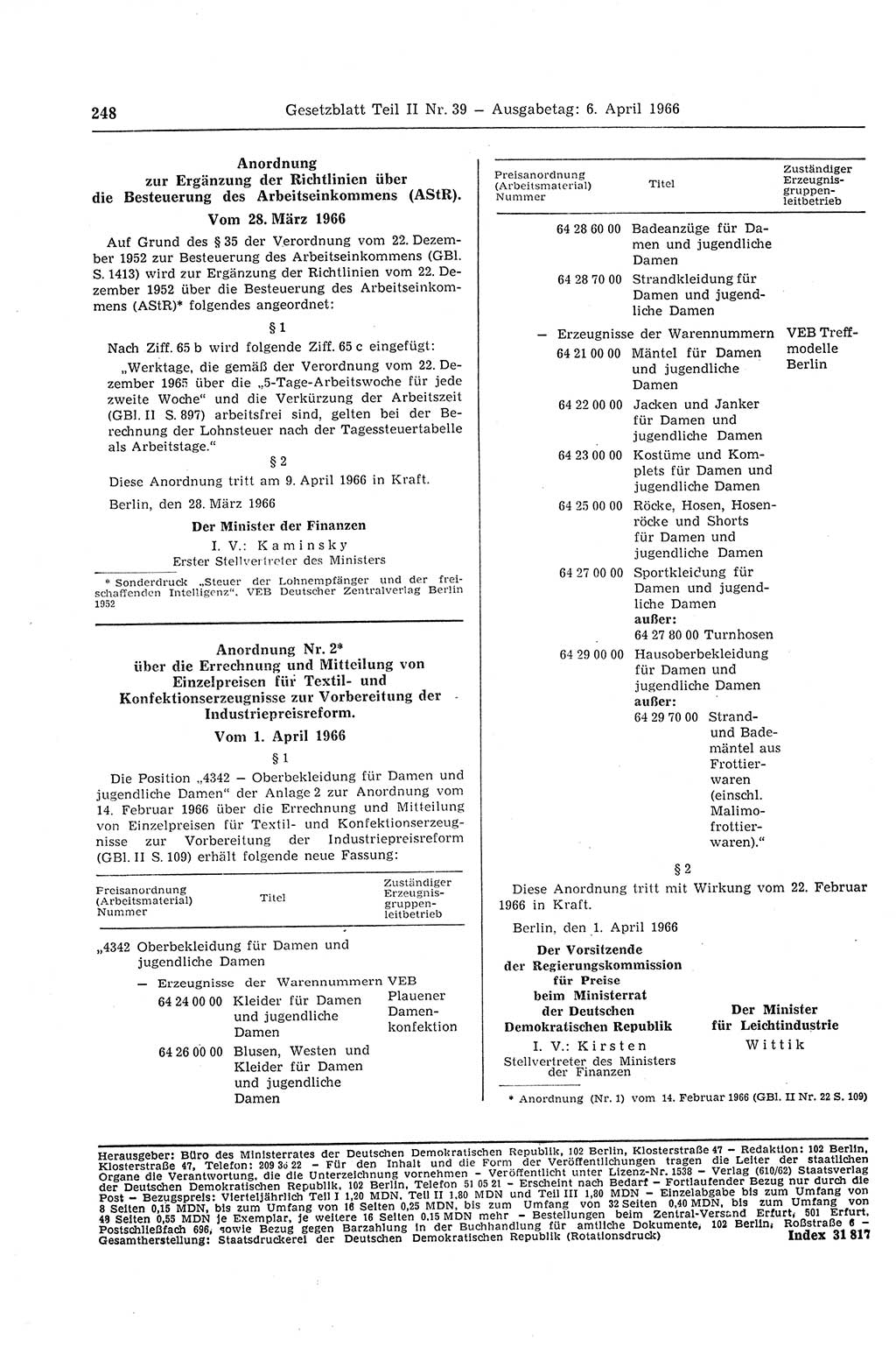 Gesetzblatt (GBl.) der Deutschen Demokratischen Republik (DDR) Teil ⅠⅠ 1966, Seite 248 (GBl. DDR ⅠⅠ 1966, S. 248)