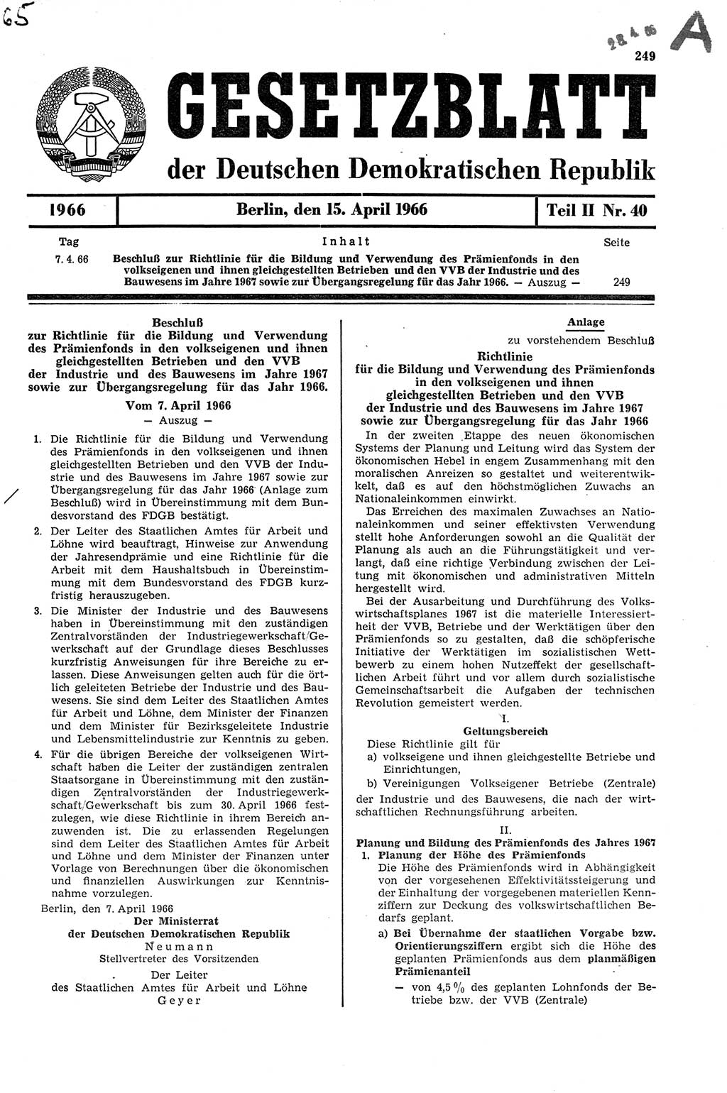 Gesetzblatt (GBl.) der Deutschen Demokratischen Republik (DDR) Teil ⅠⅠ 1966, Seite 249 (GBl. DDR ⅠⅠ 1966, S. 249)