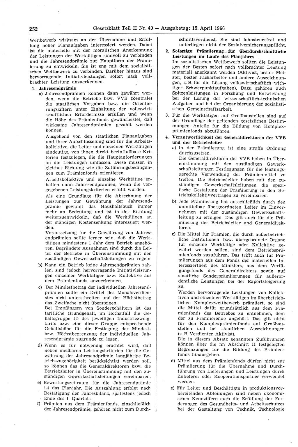 Gesetzblatt (GBl.) der Deutschen Demokratischen Republik (DDR) Teil ⅠⅠ 1966, Seite 252 (GBl. DDR ⅠⅠ 1966, S. 252)