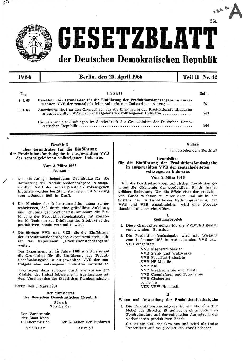 Gesetzblatt (GBl.) der Deutschen Demokratischen Republik (DDR) Teil ⅠⅠ 1966, Seite 261 (GBl. DDR ⅠⅠ 1966, S. 261)