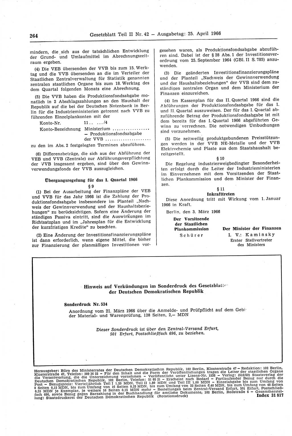 Gesetzblatt (GBl.) der Deutschen Demokratischen Republik (DDR) Teil ⅠⅠ 1966, Seite 264 (GBl. DDR ⅠⅠ 1966, S. 264)