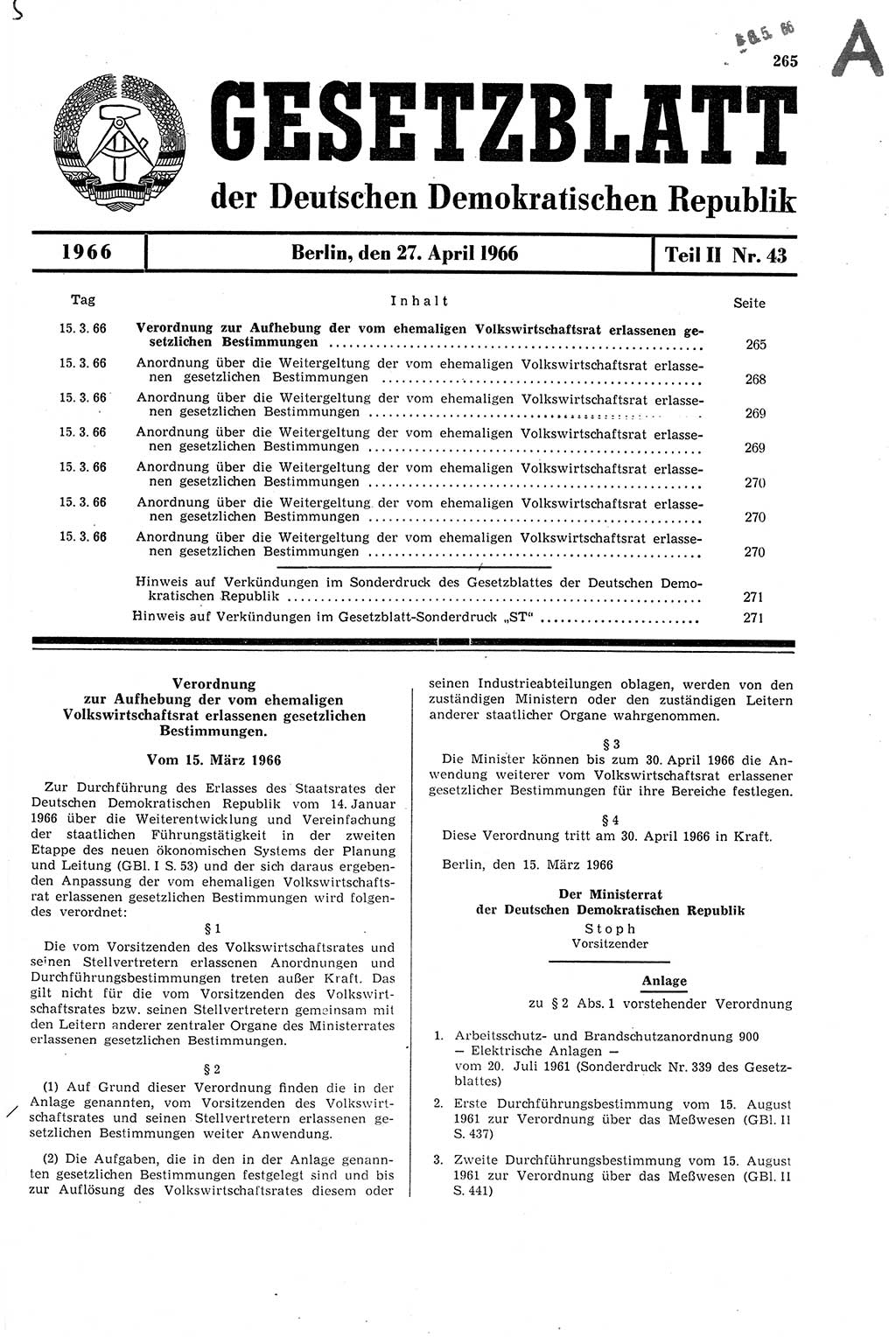 Gesetzblatt (GBl.) der Deutschen Demokratischen Republik (DDR) Teil ⅠⅠ 1966, Seite 265 (GBl. DDR ⅠⅠ 1966, S. 265)