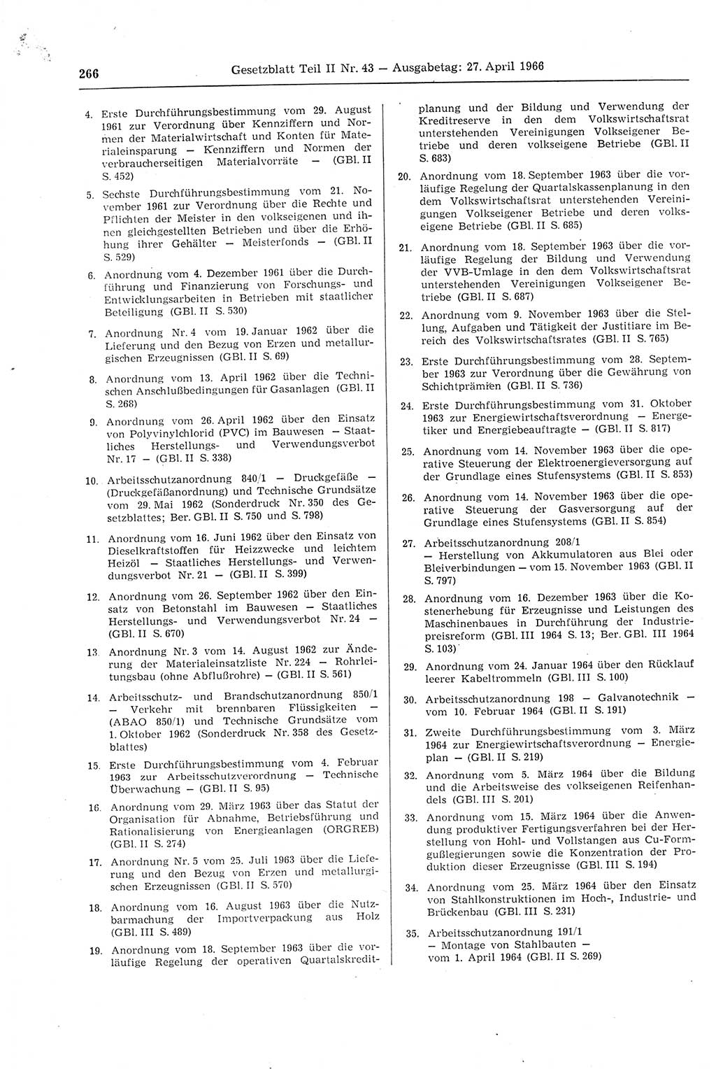 Gesetzblatt (GBl.) der Deutschen Demokratischen Republik (DDR) Teil ⅠⅠ 1966, Seite 266 (GBl. DDR ⅠⅠ 1966, S. 266)