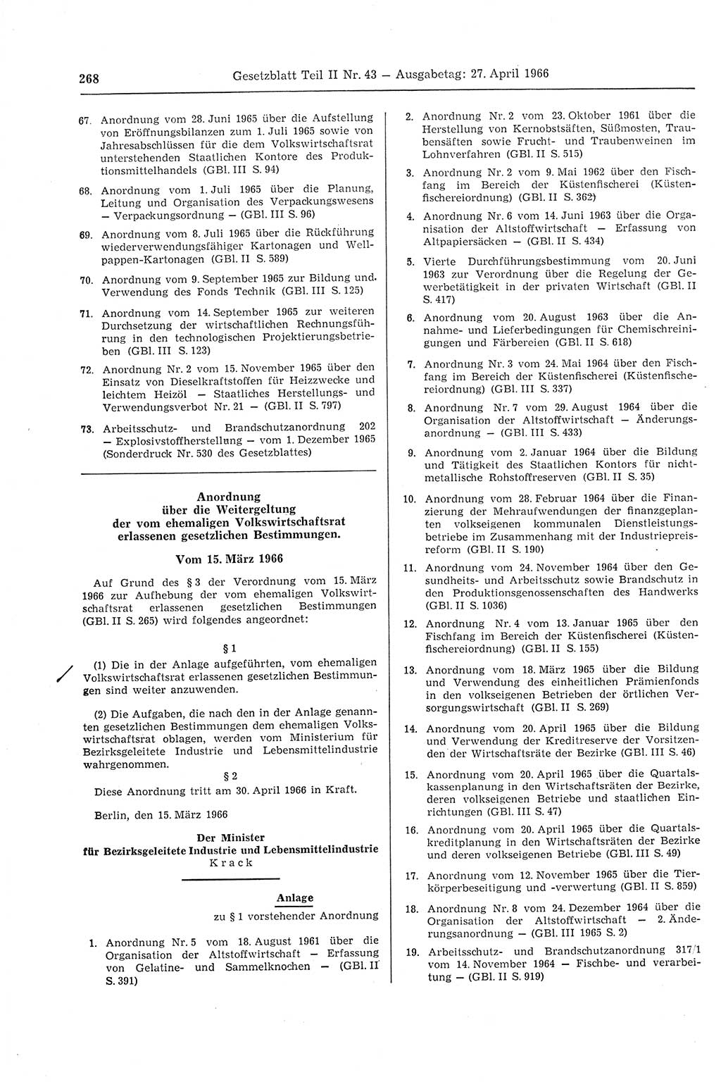 Gesetzblatt (GBl.) der Deutschen Demokratischen Republik (DDR) Teil ⅠⅠ 1966, Seite 268 (GBl. DDR ⅠⅠ 1966, S. 268)