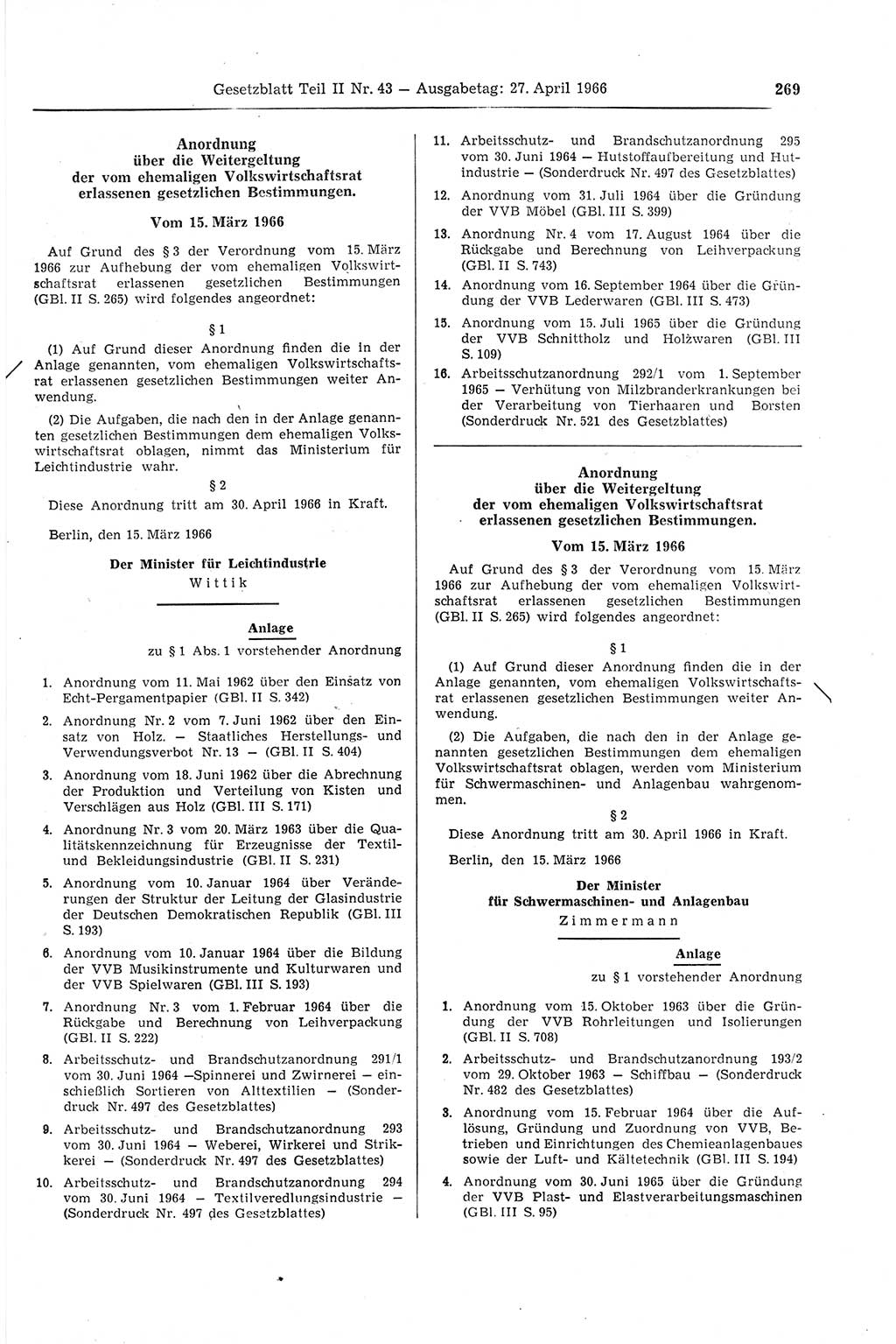 Gesetzblatt (GBl.) der Deutschen Demokratischen Republik (DDR) Teil ⅠⅠ 1966, Seite 269 (GBl. DDR ⅠⅠ 1966, S. 269)