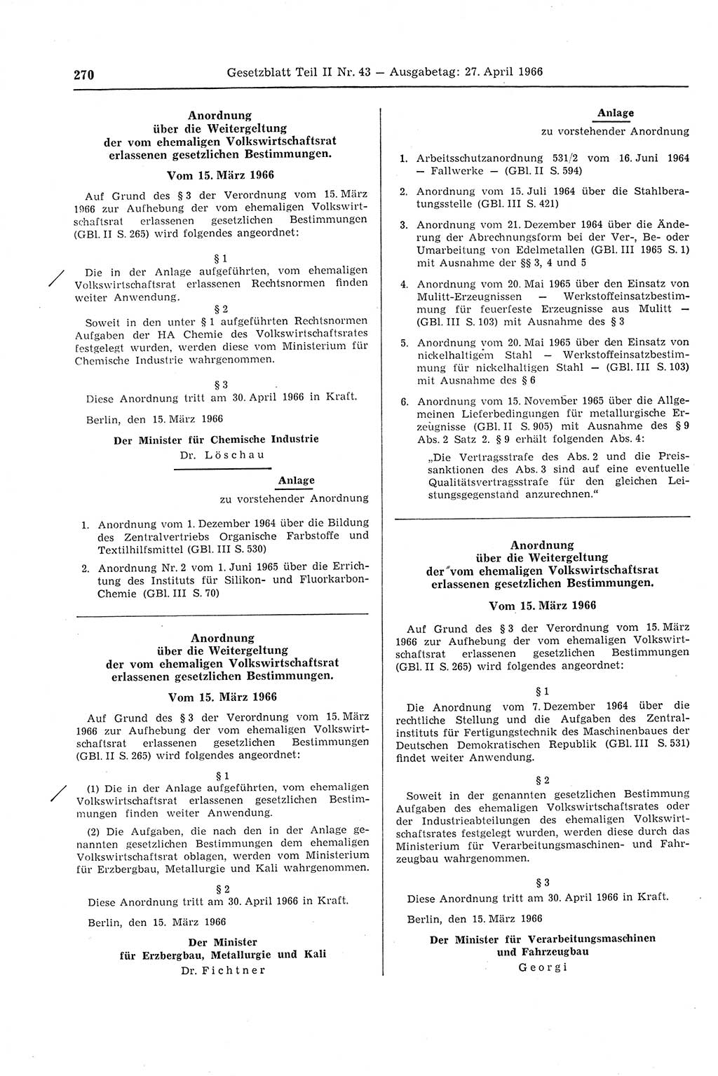 Gesetzblatt (GBl.) der Deutschen Demokratischen Republik (DDR) Teil ⅠⅠ 1966, Seite 270 (GBl. DDR ⅠⅠ 1966, S. 270)