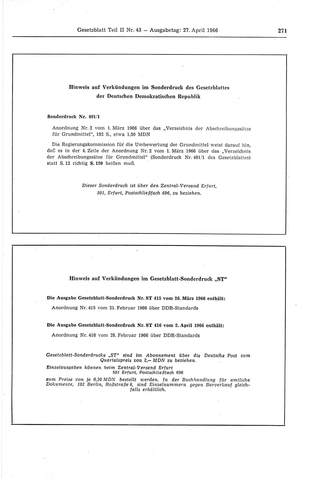 Gesetzblatt (GBl.) der Deutschen Demokratischen Republik (DDR) Teil ⅠⅠ 1966, Seite 271 (GBl. DDR ⅠⅠ 1966, S. 271)