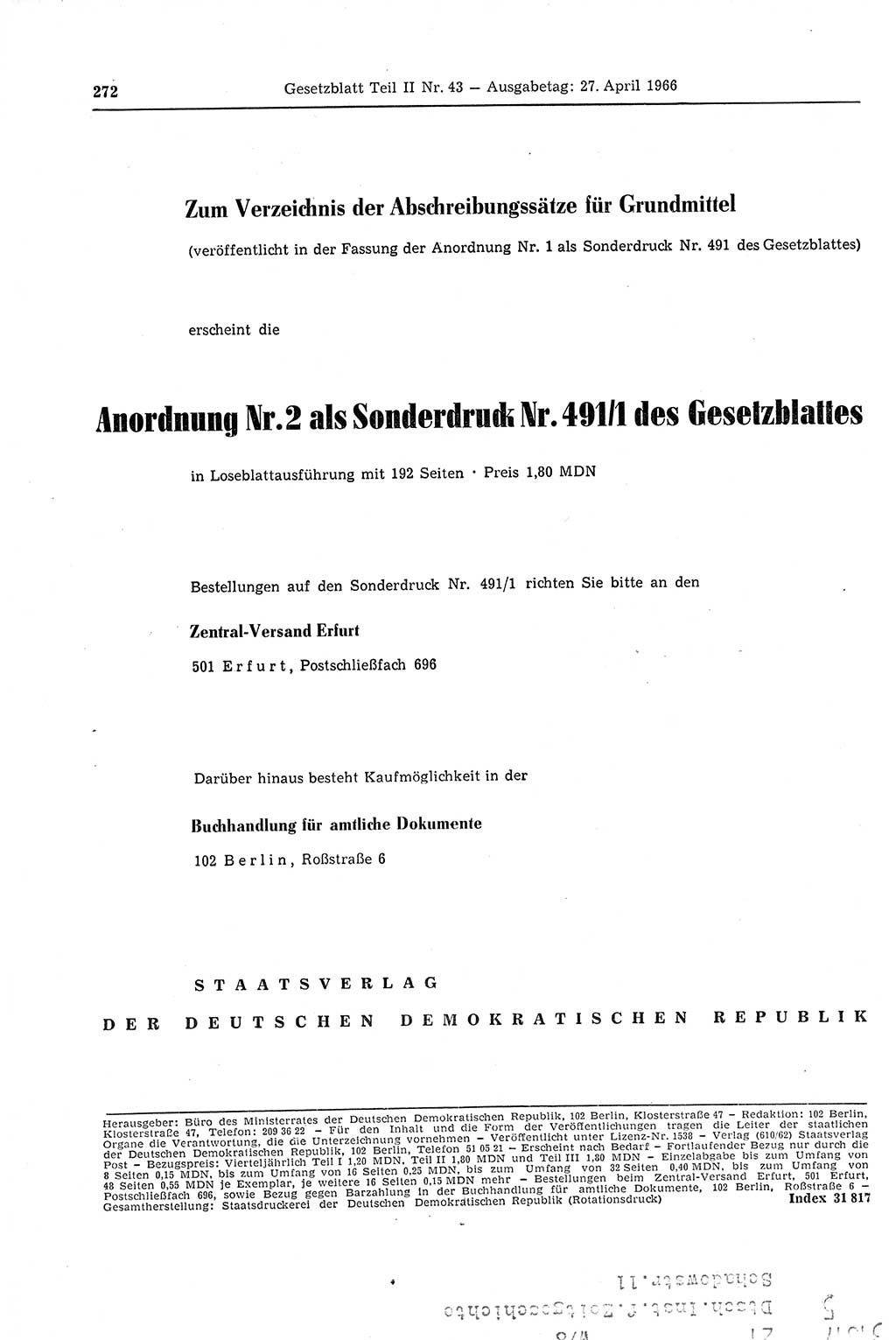 Gesetzblatt (GBl.) der Deutschen Demokratischen Republik (DDR) Teil ⅠⅠ 1966, Seite 272 (GBl. DDR ⅠⅠ 1966, S. 272)