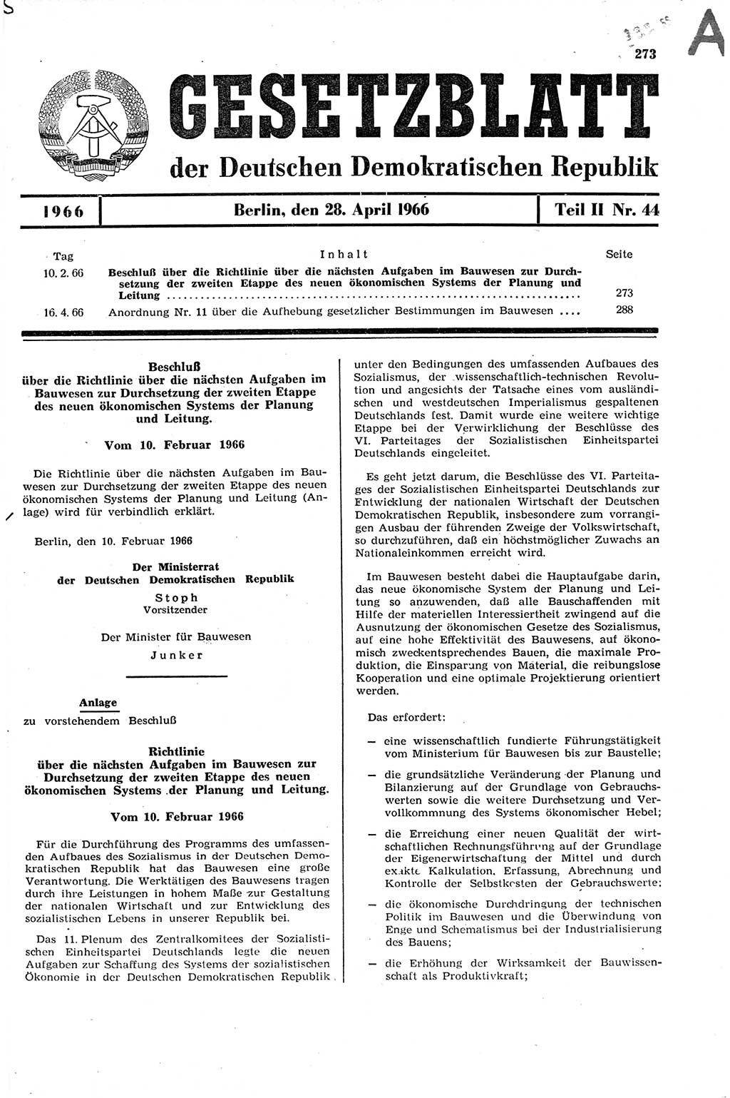 Gesetzblatt (GBl.) der Deutschen Demokratischen Republik (DDR) Teil ⅠⅠ 1966, Seite 273 (GBl. DDR ⅠⅠ 1966, S. 273)