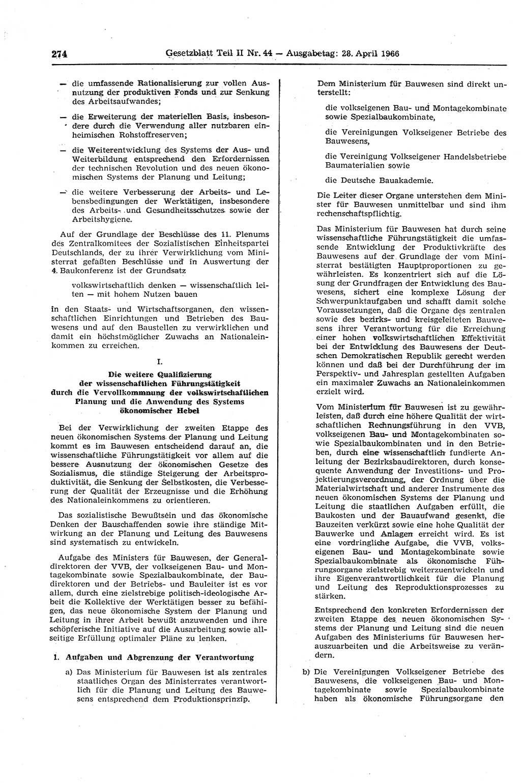 Gesetzblatt (GBl.) der Deutschen Demokratischen Republik (DDR) Teil ⅠⅠ 1966, Seite 274 (GBl. DDR ⅠⅠ 1966, S. 274)
